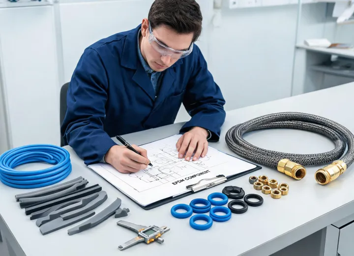 Engineer reviewing rubber component drawing